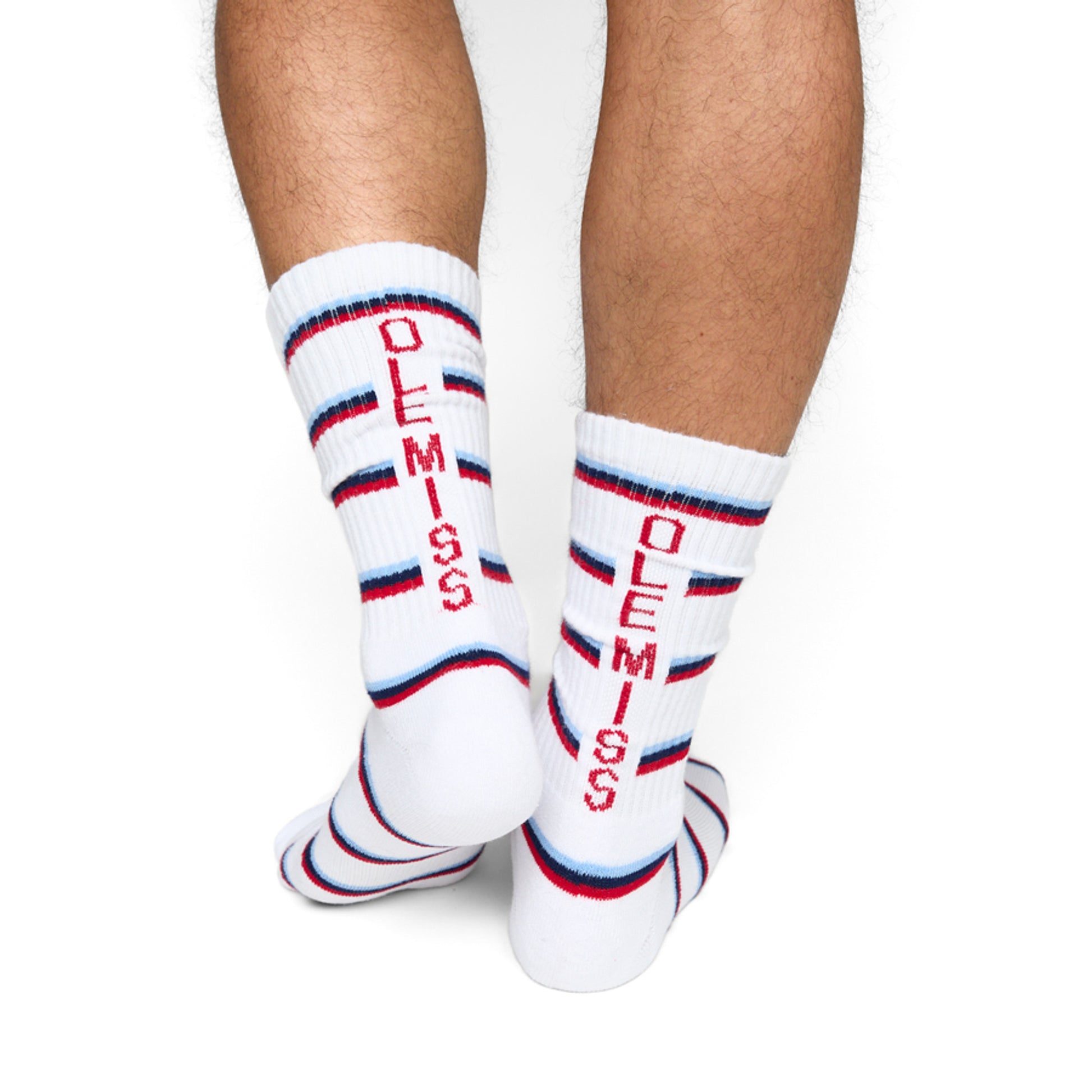casual crew socks with Ole Miss in leg in white and navy