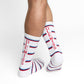 White casual athletic crew socks with stripe design and OLE MISS written down the back of the leg.