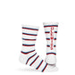 White athletic crew socks with stripe design and OLE MISS written down the back of the leg.