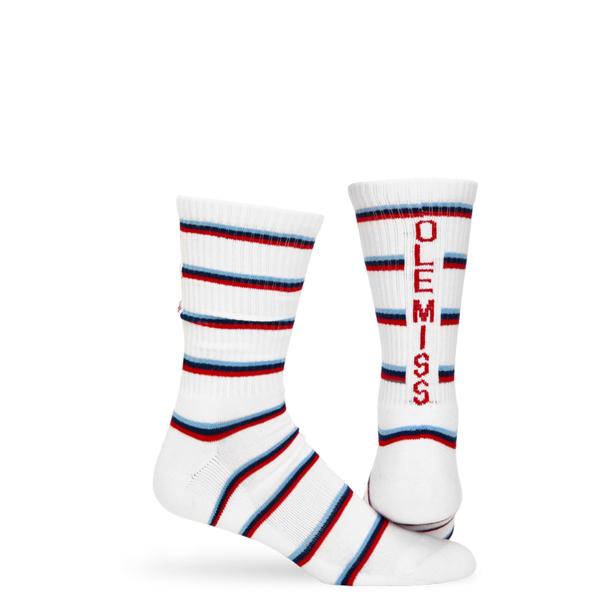 White athletic crew socks with stripe design and OLE MISS written down the back of the leg.