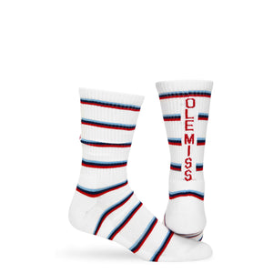 White athletic crew socks with stripe design and OLE MISS written down the back of the leg.