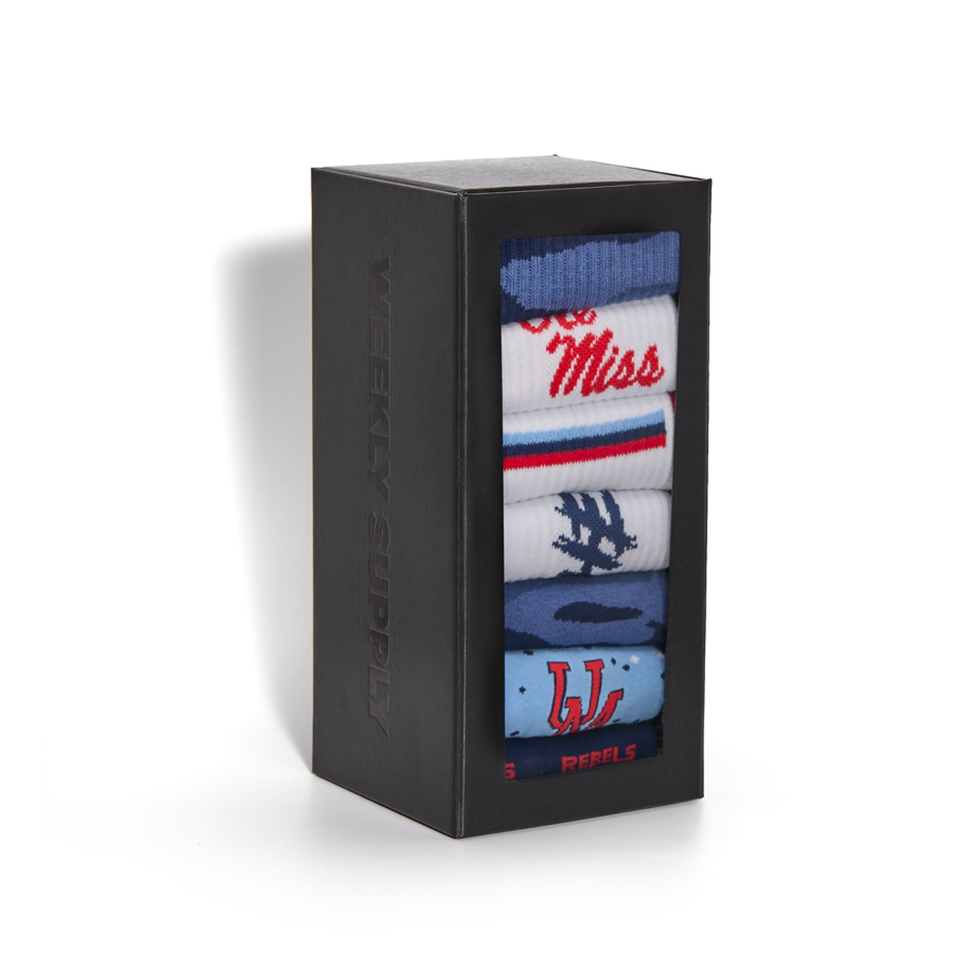 powder blue dress socks with Ole Miss on leg and wave design