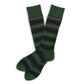 Green dress socks with navy triple stripe and gold accent stripe.