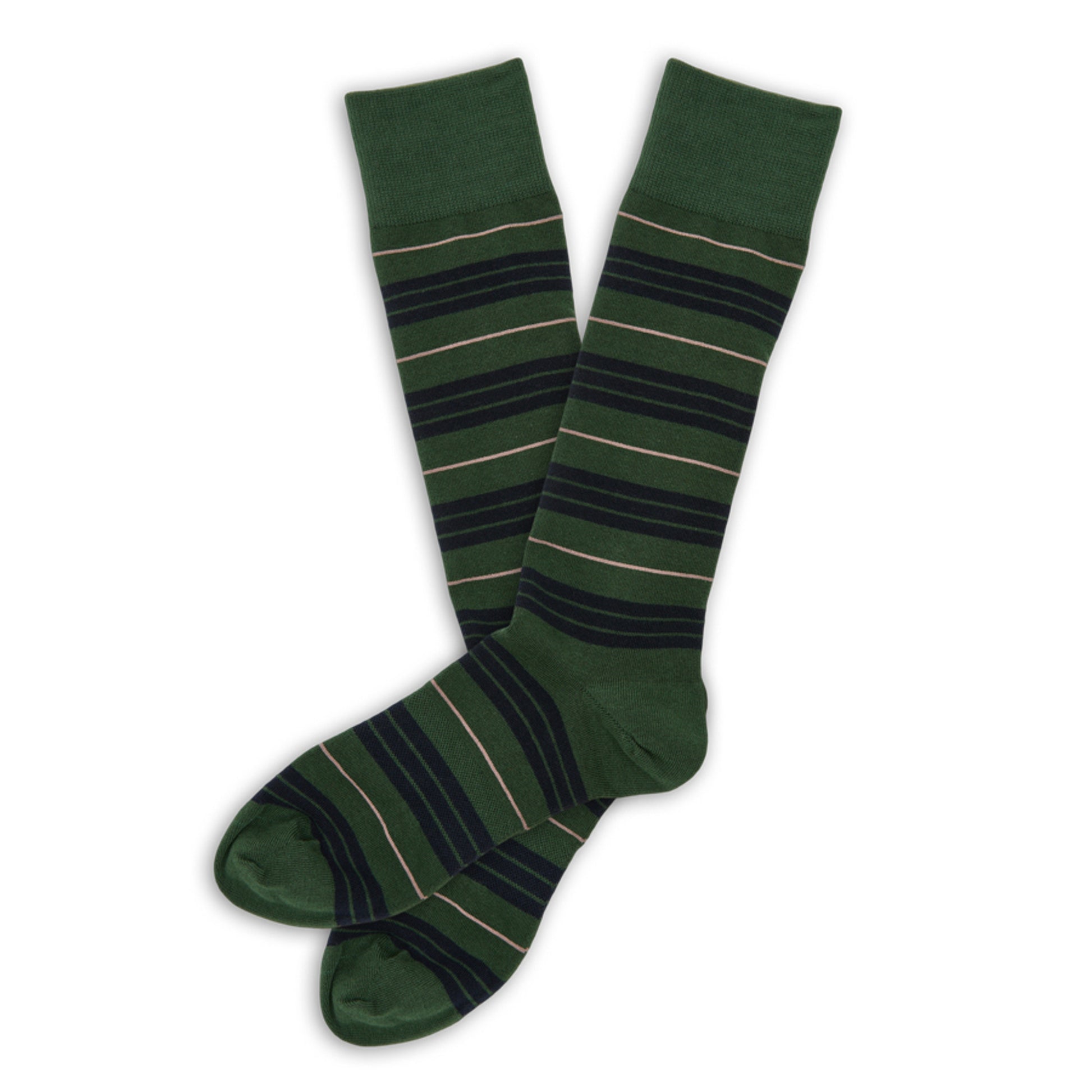 Green dress socks with navy triple stripe and gold accent stripe.