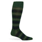 Green dress socks with navy triple stripe and gold accent stripe.