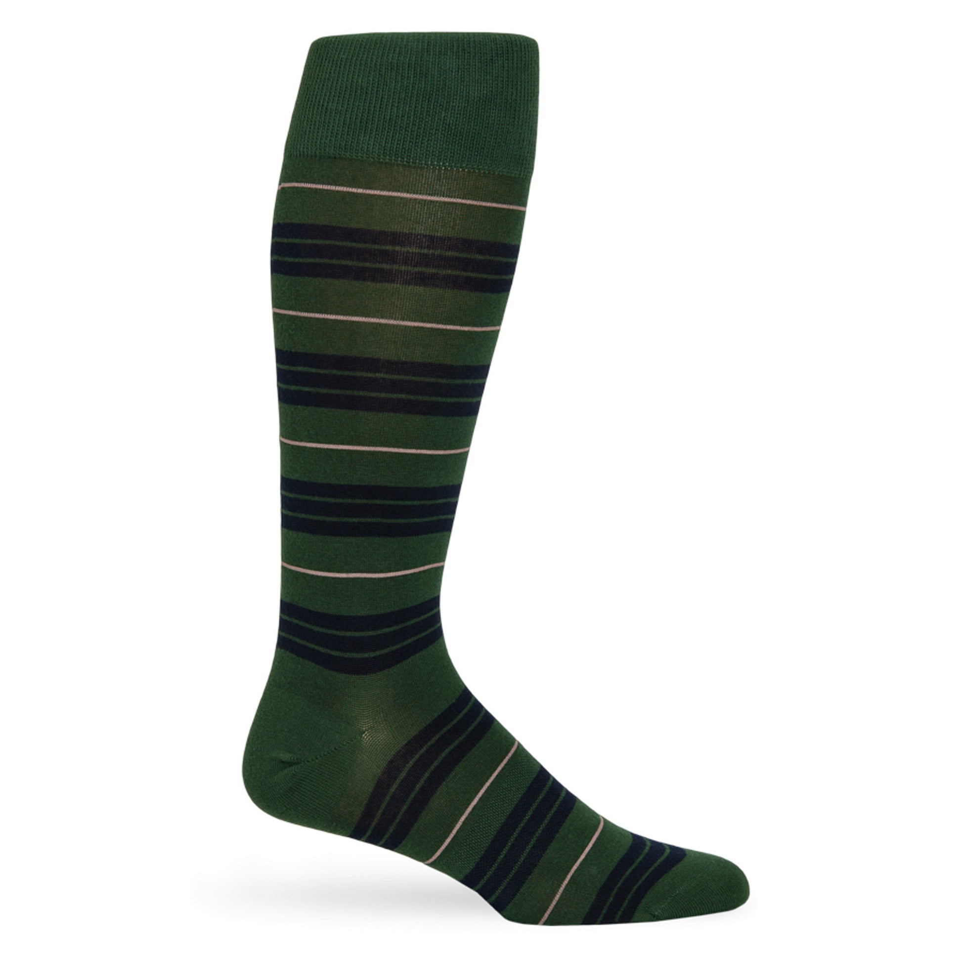 Green dress socks with navy triple stripe and gold accent stripe.