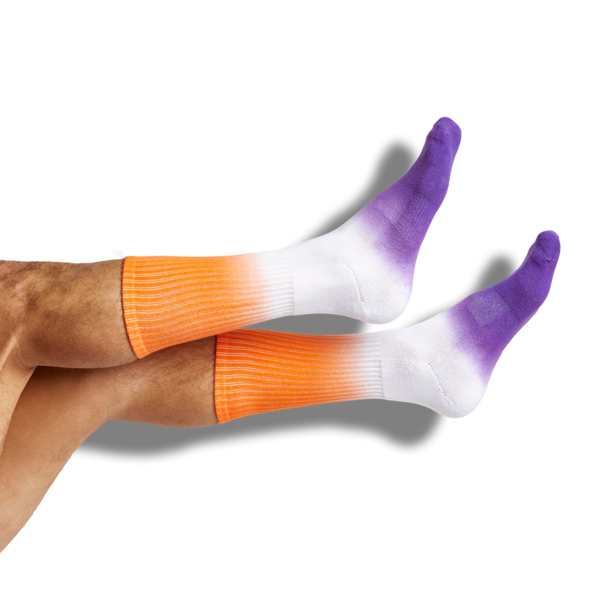 purple dip on the foot and orange dip on the leg of white casual socks