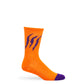 orange casual socks with purple scratch mark going up the leg