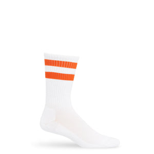 White casual crew socks with orange retro stripes