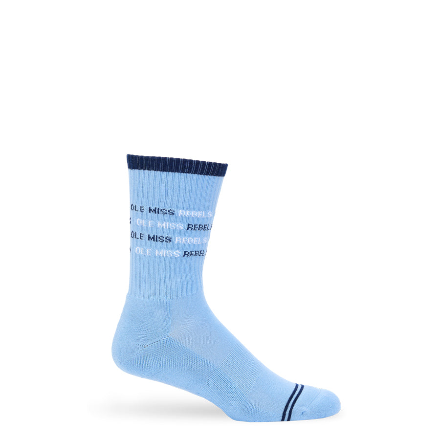 Light blue sock with dark blue trim on a white background