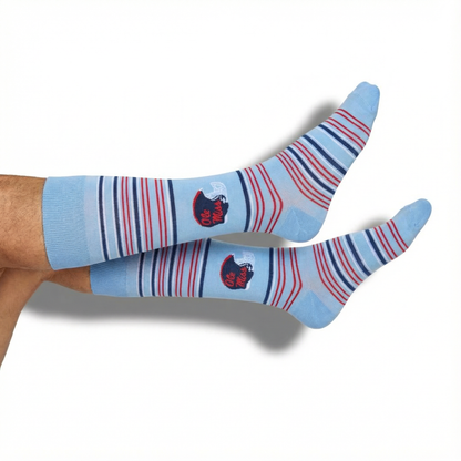 Powder-blue dress socks with navy wave stripes and helmet and Ole Miss script accent — side view