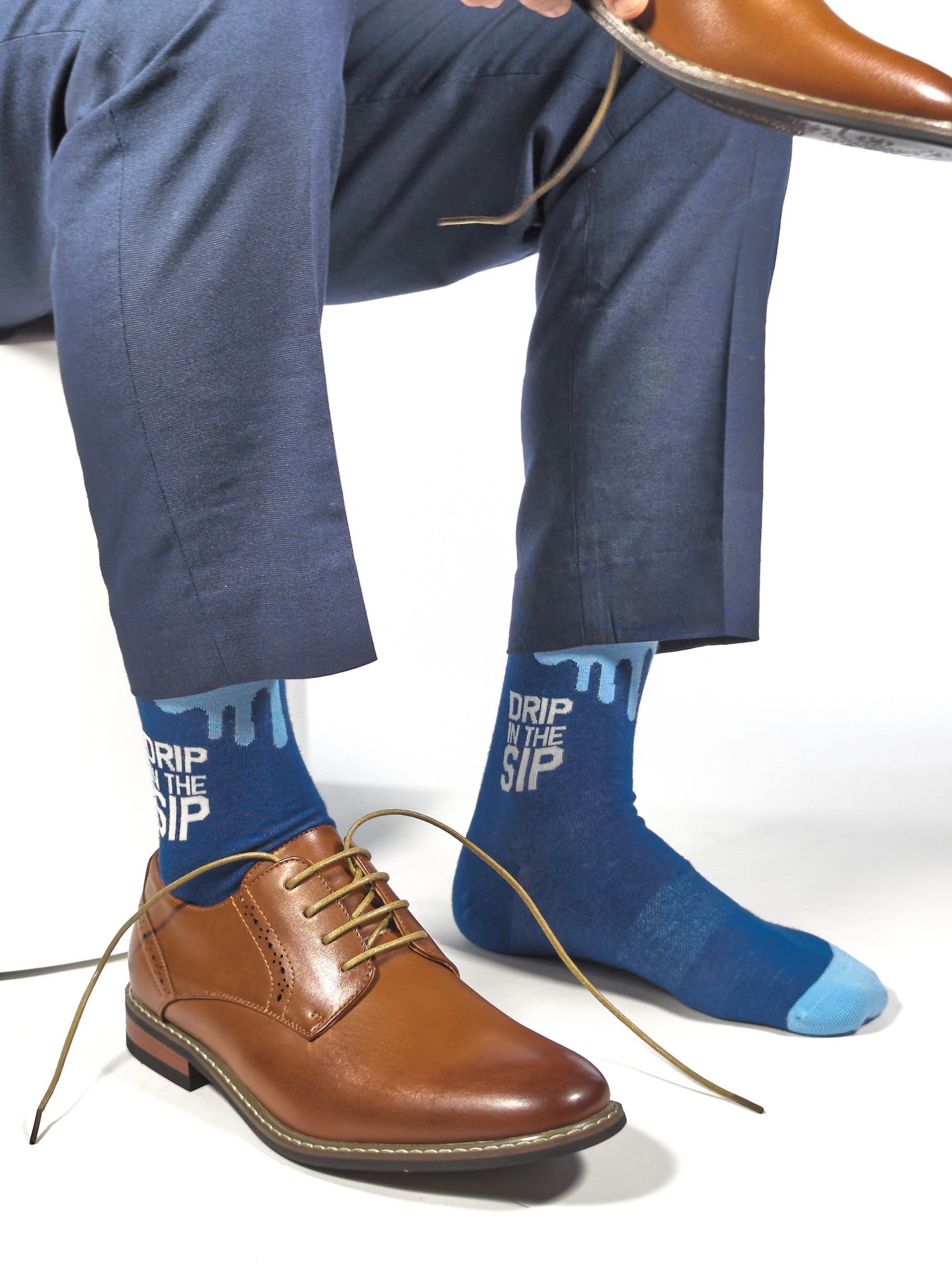 Navy blue stripe dress socks with the full Ole Miss Hotty Toddy chant written out in the stripes.