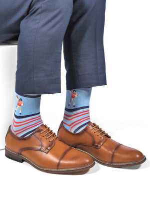 powder stripe dress socks with eli on the ankle