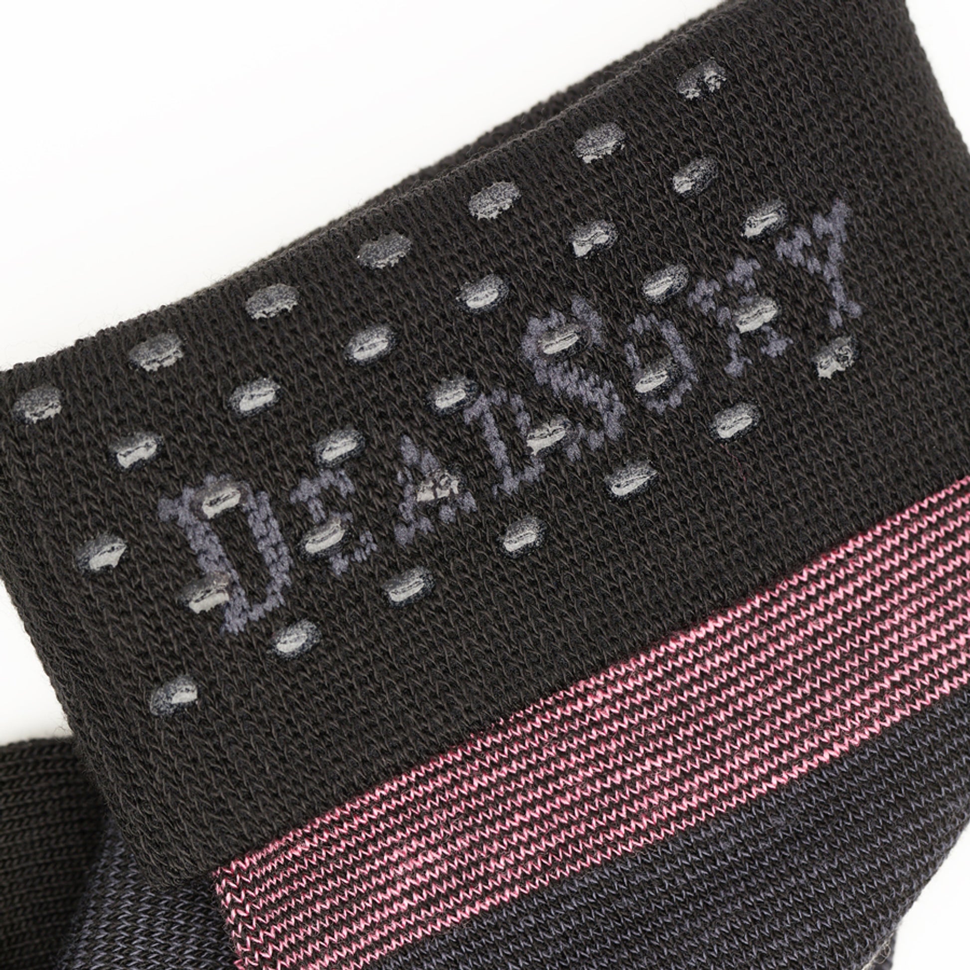 Pink, Grey and Black mini stripe colorblock dress socks close up of cuff with TrueStay‚Ñ¢.