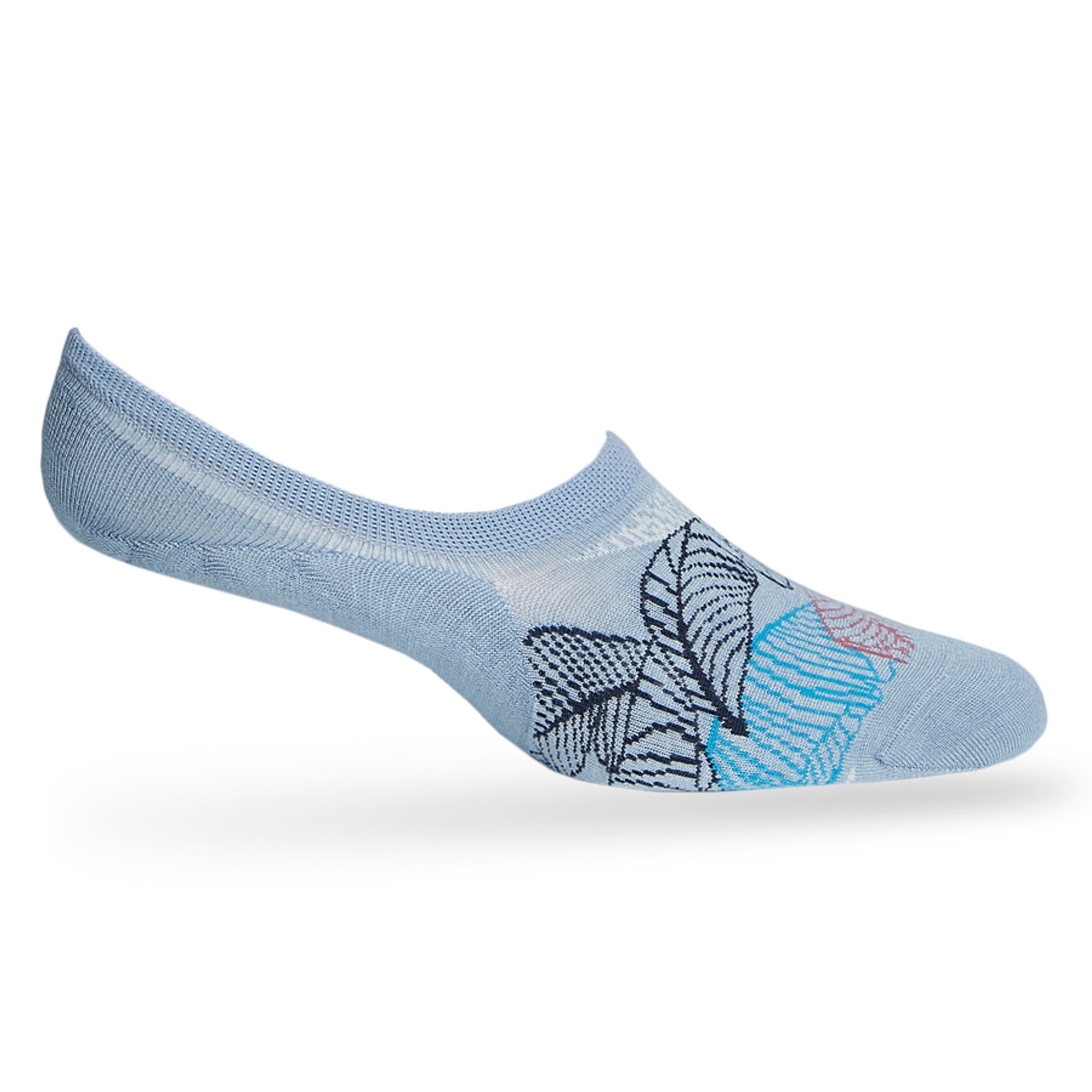 1 pair of no show socks lay flat side by side in solid powder blue with multi color leaf pattern in pink blue navy and white