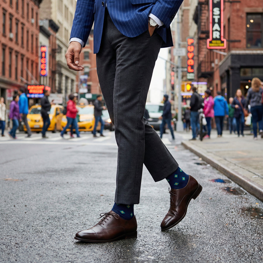 Parker navy diamond dress socks styled in urban setting