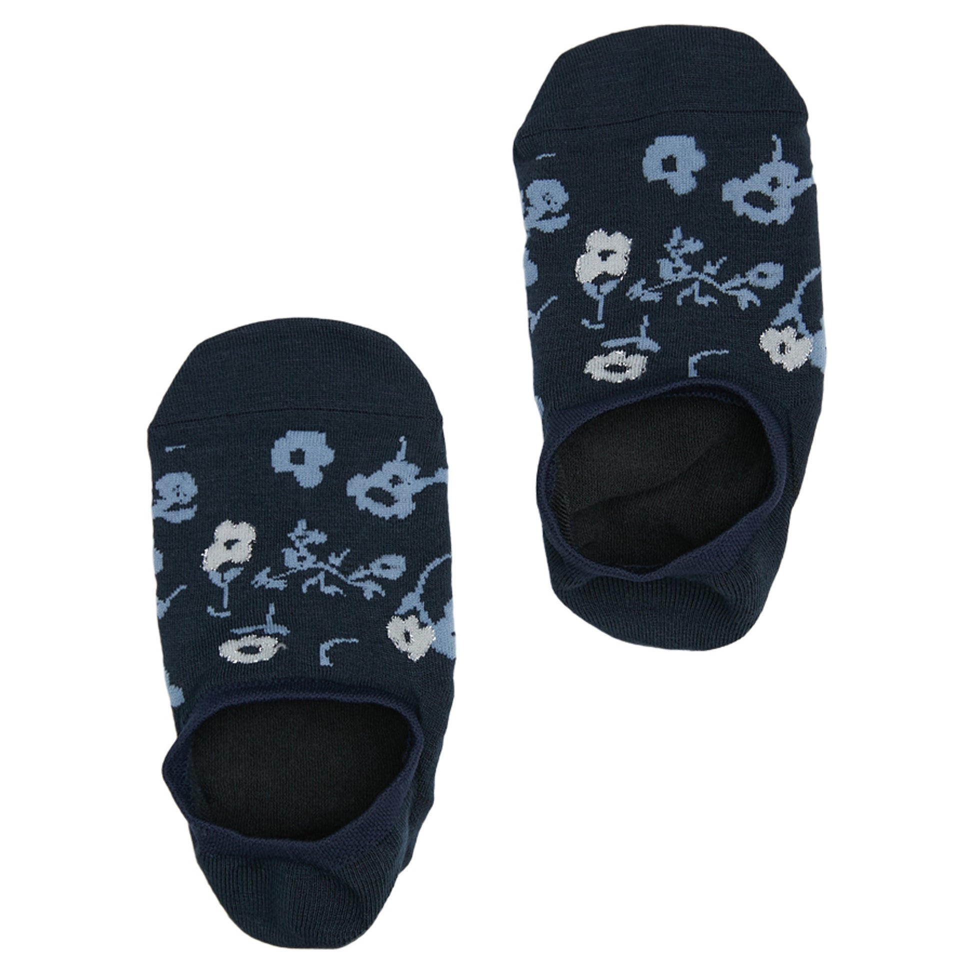 1 pair of no show socks lay flat displayed side by side in solid navy blue with powder blue and white floral pattern