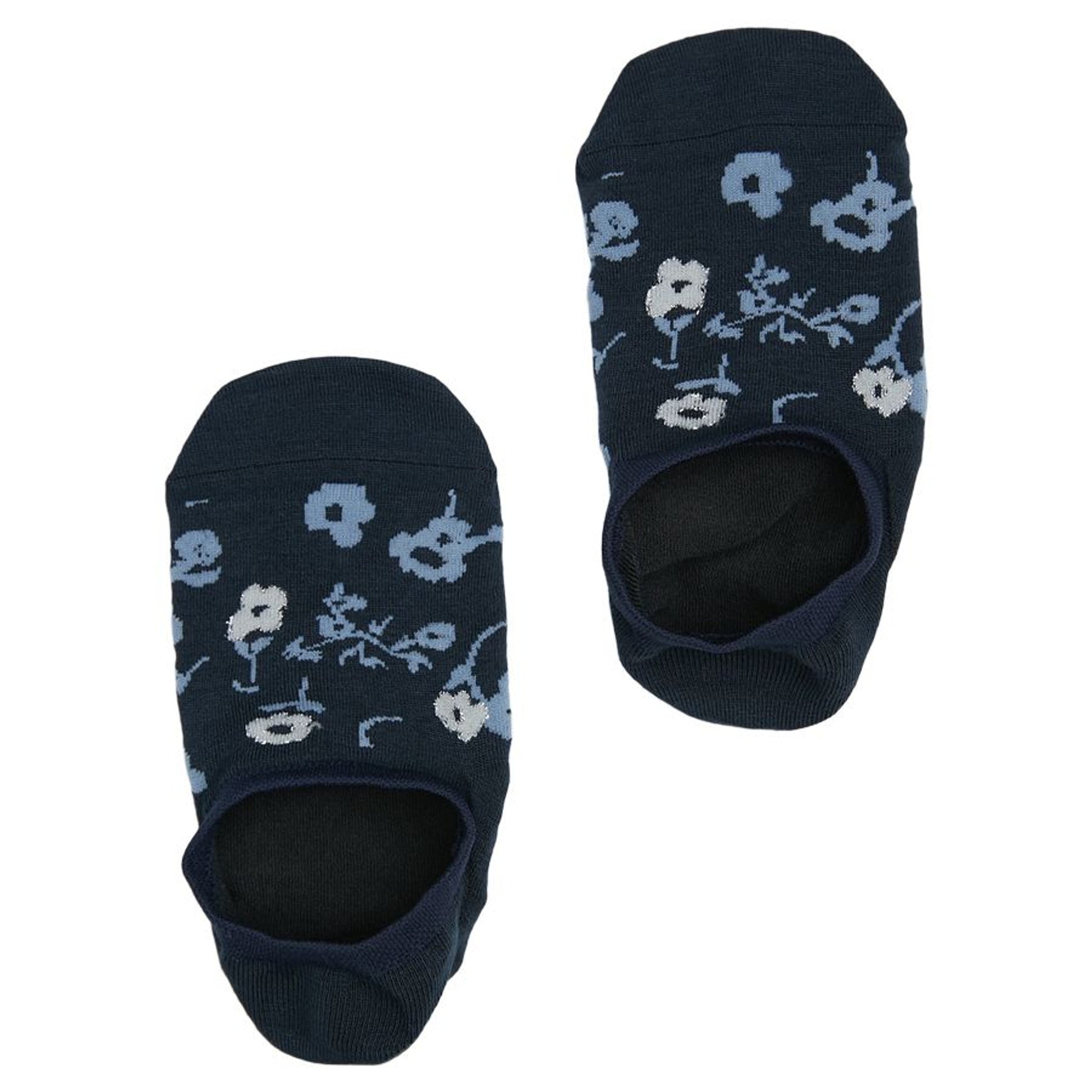 Lay flat no show sock in black with a powder blue and white floral pattern