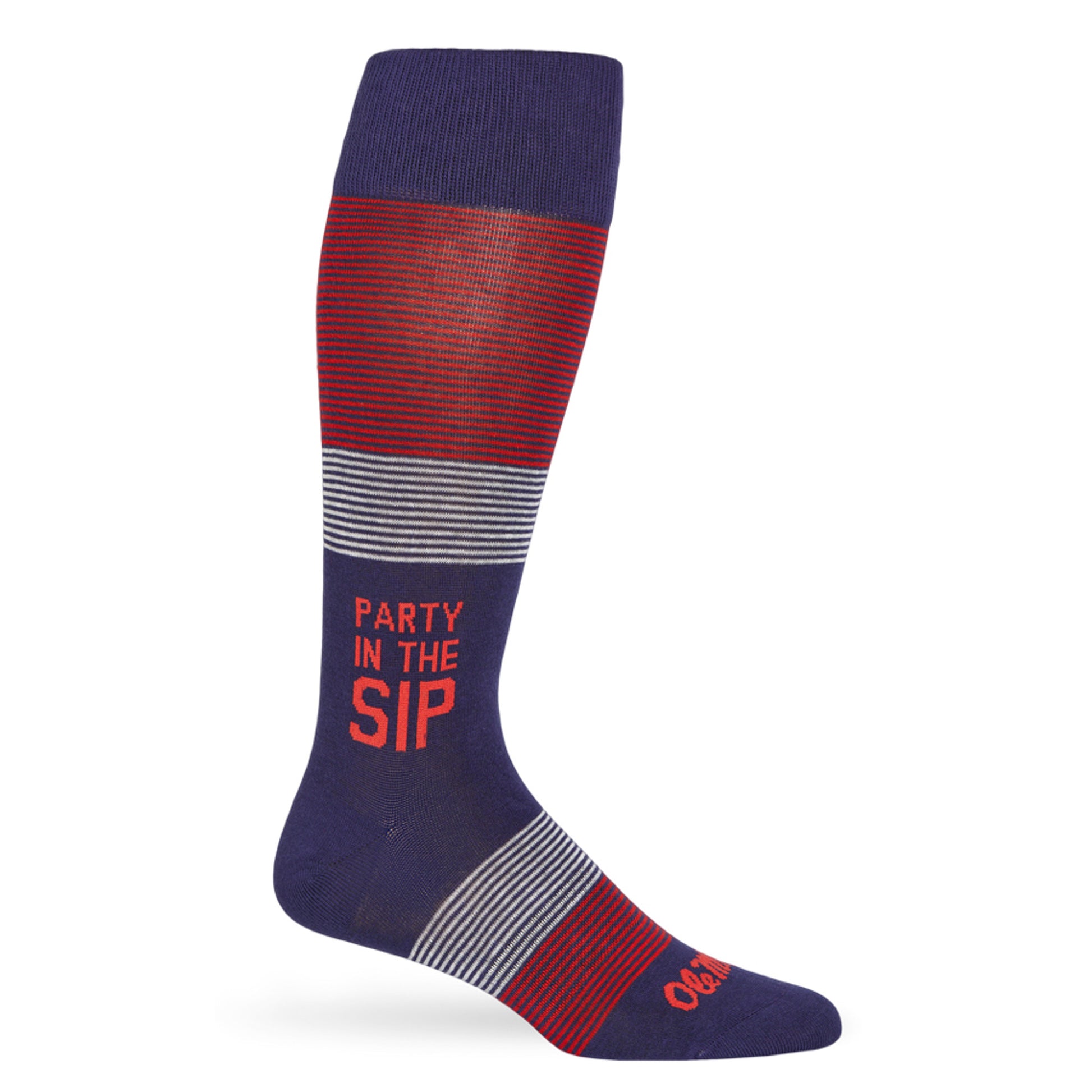 Party in the Sip licensed navy dress socks with stripes with the Ole Miss script on the toe.