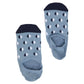 1 light blue no show sock with split-circle design with half in navy and half in white being shown from the top perspective