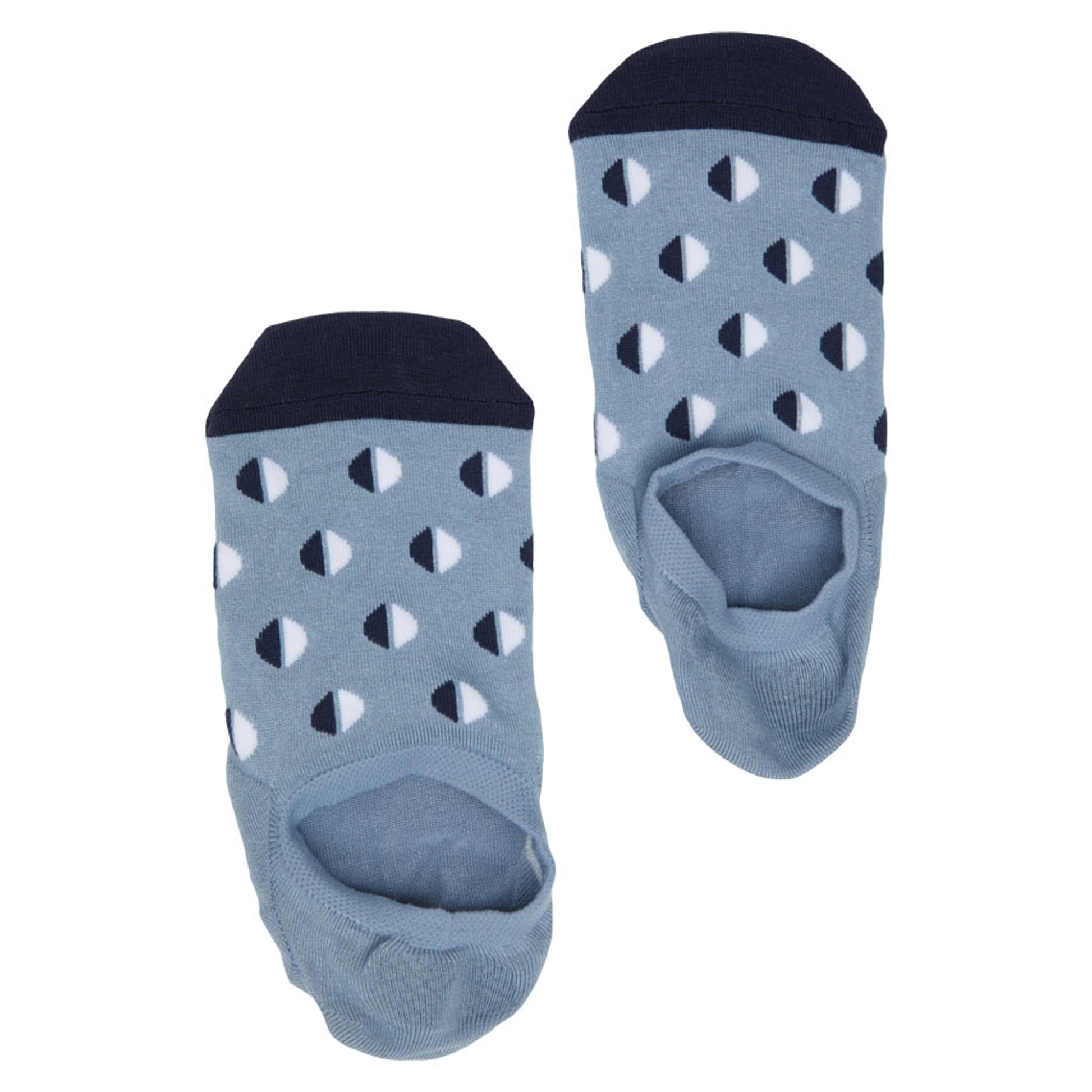 The cameron powder blue no show socks with medium sized dots half navy blue and half white shown from over the top perspective.