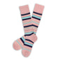 Pair of Piper striped dress socks laid flat; blush pink base with navy, aqua & coral stripes; TrueStay cuff; supreme cotton yarn.