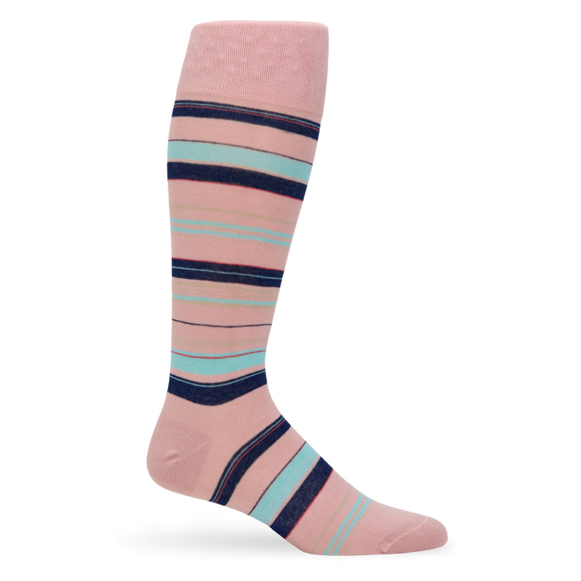 Piper striped men‚Äôs dress sock‚Äîblush pink with navy, aqua & coral lines; TrueStay‚Ñ¢ non-slip cuff; supreme-cotton DeadSoxy.