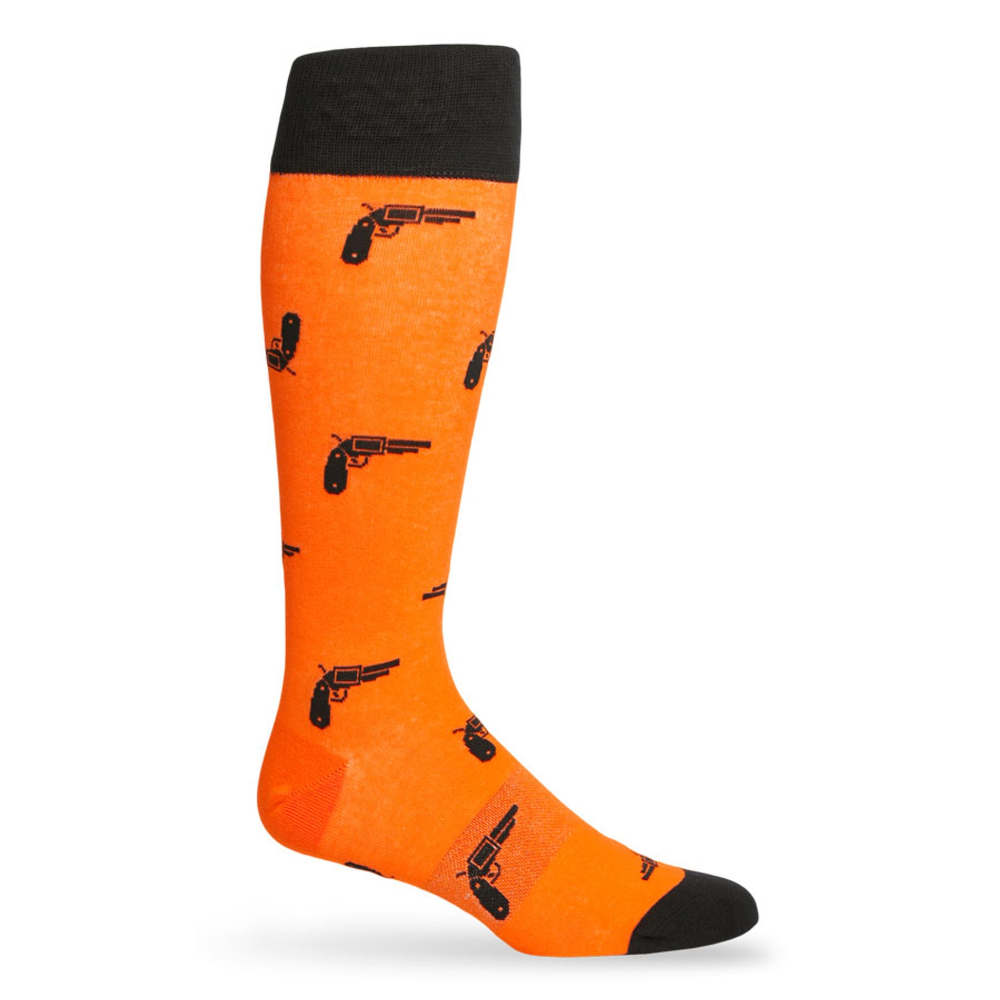 Orange and black Oklahoma dress socks with pistols on them displayed on a mannequin.