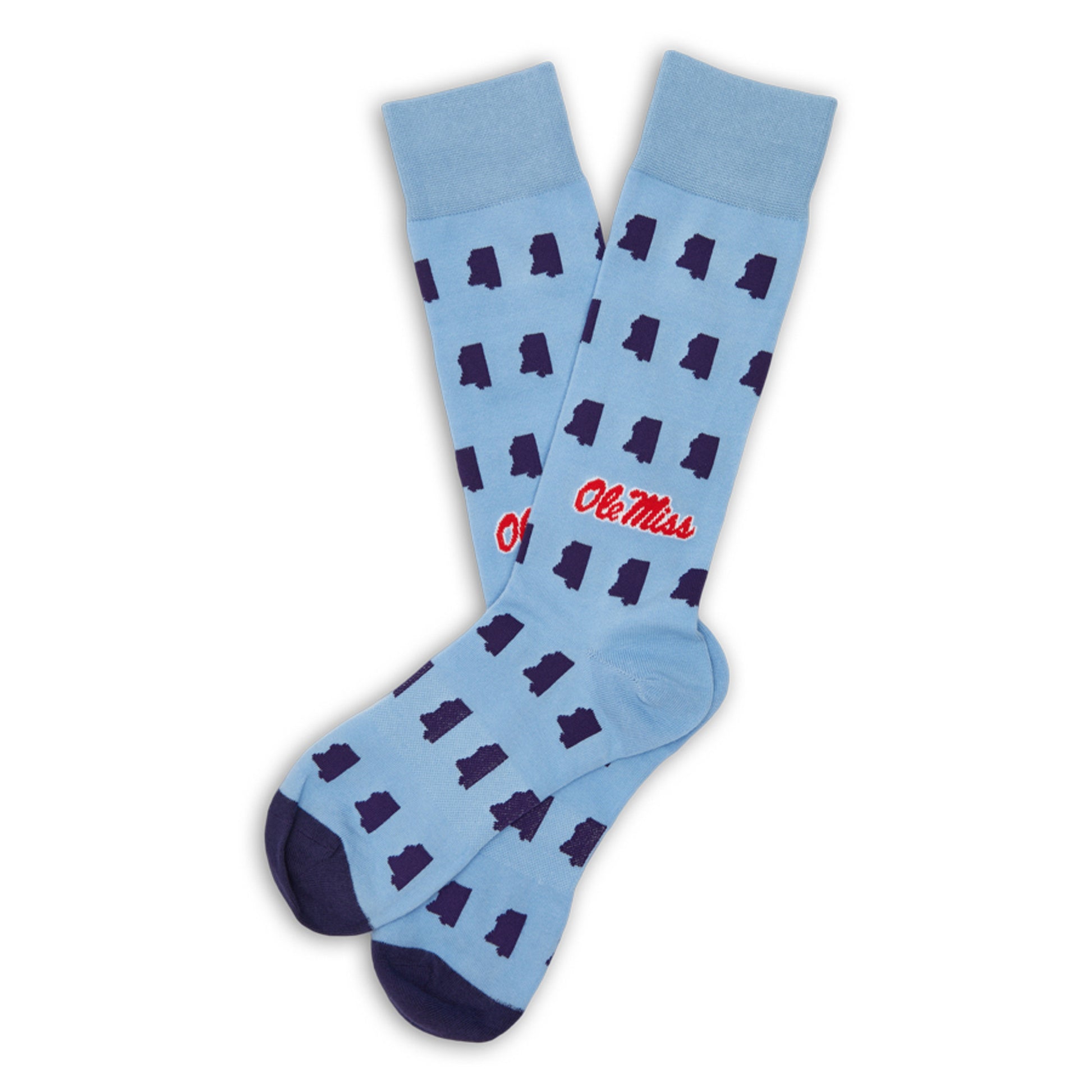 Licensed powder blue dress socks with the state outline in navy and the Ole Miss script logo in red on the ankle laid flat