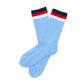 white crew socks with 3 stripes in Red, Navy, and White colors on the leg laid flat