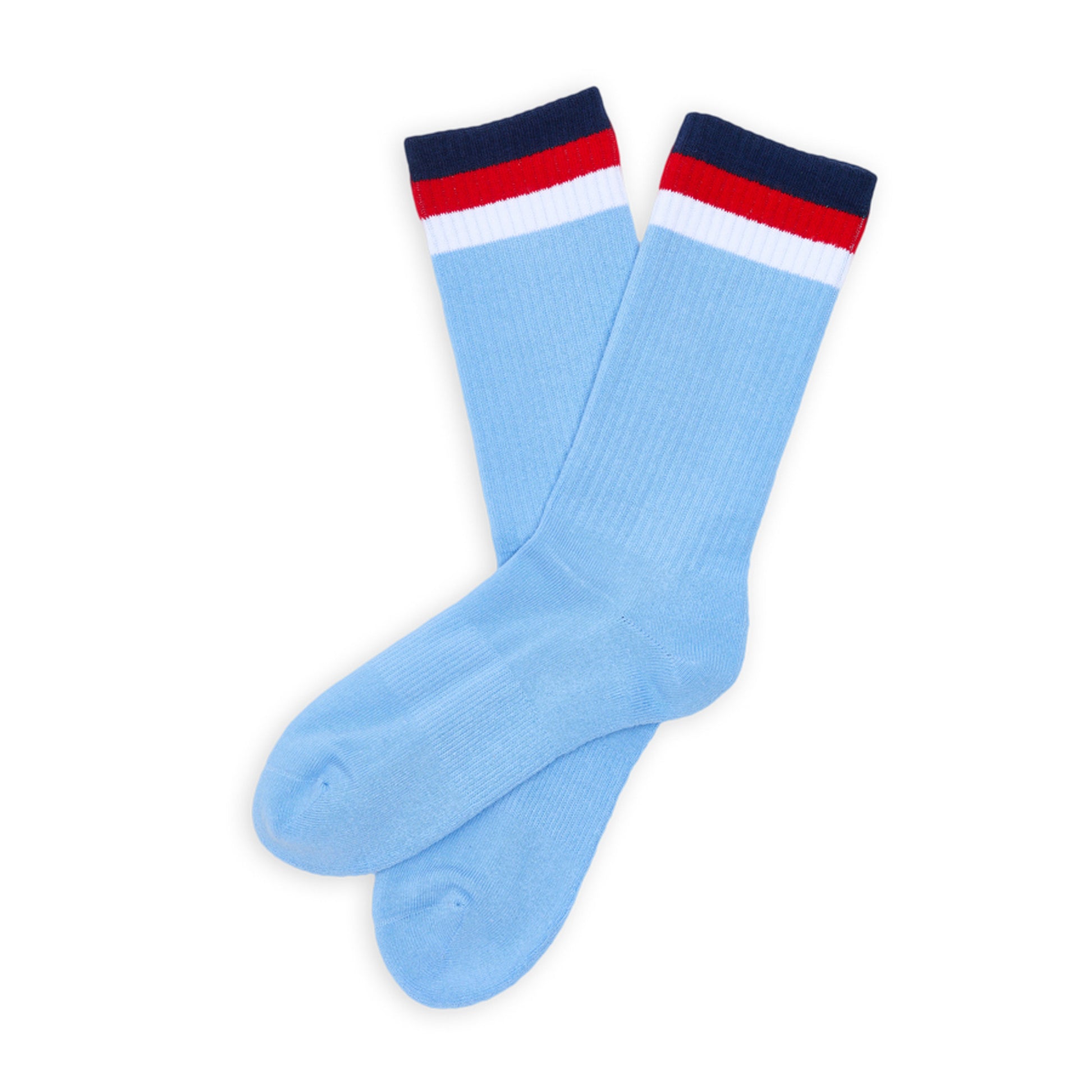 Powder blue crew socks with 3 stripes at the top of the leg laid flat