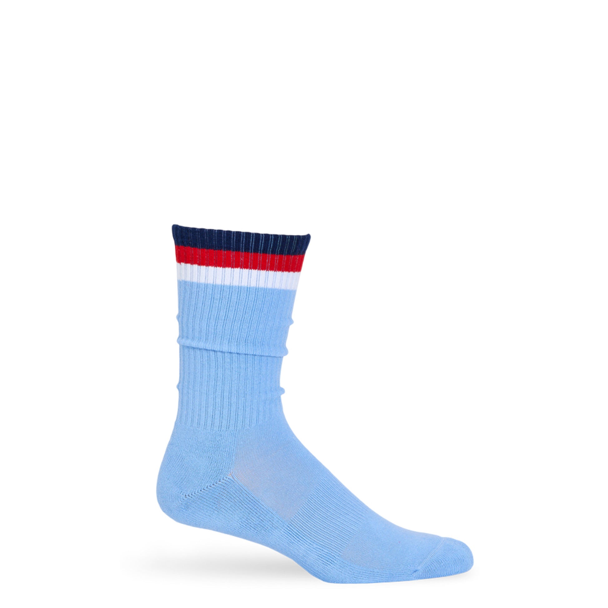 white crew socks with 3 stripes in Red, Navy, and White colors on mannequin