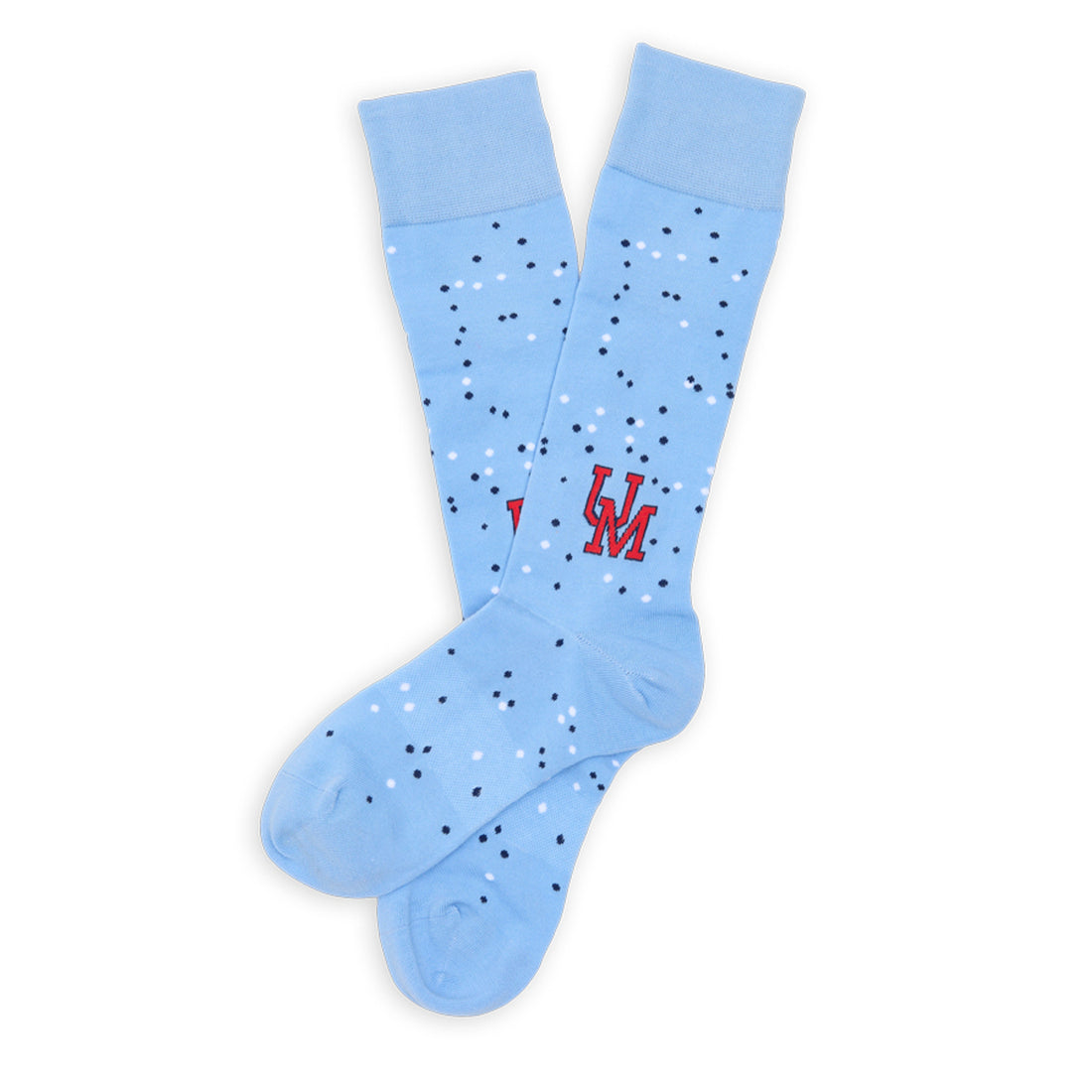 Powder blue dress socks with dot design and UM on the ankle for Ole Miss laid out flat.