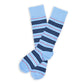 powder dress socks with navy blue stripes and red accent stripes laid out flat