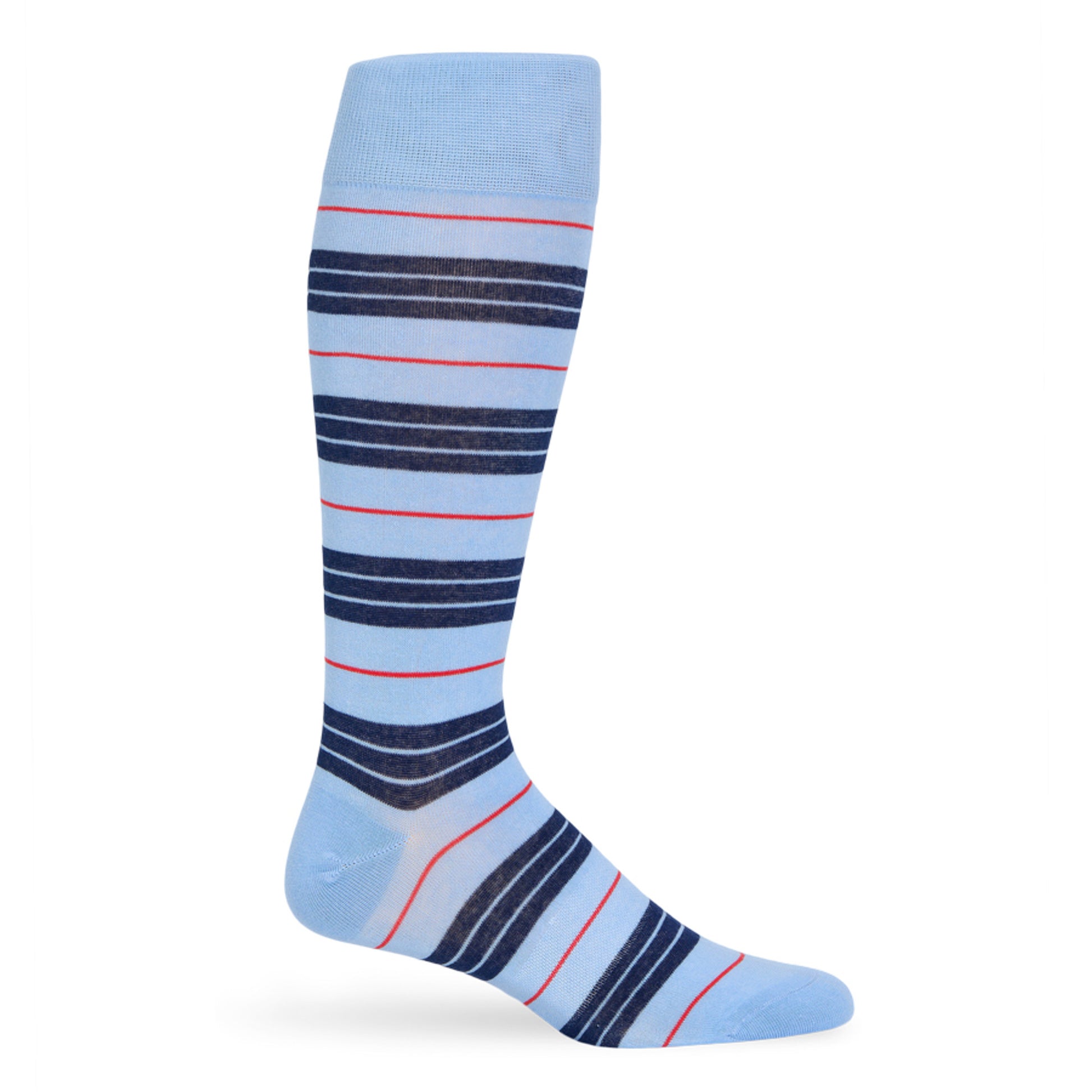 powder dress socks with navy blue stripes and red accent stripes