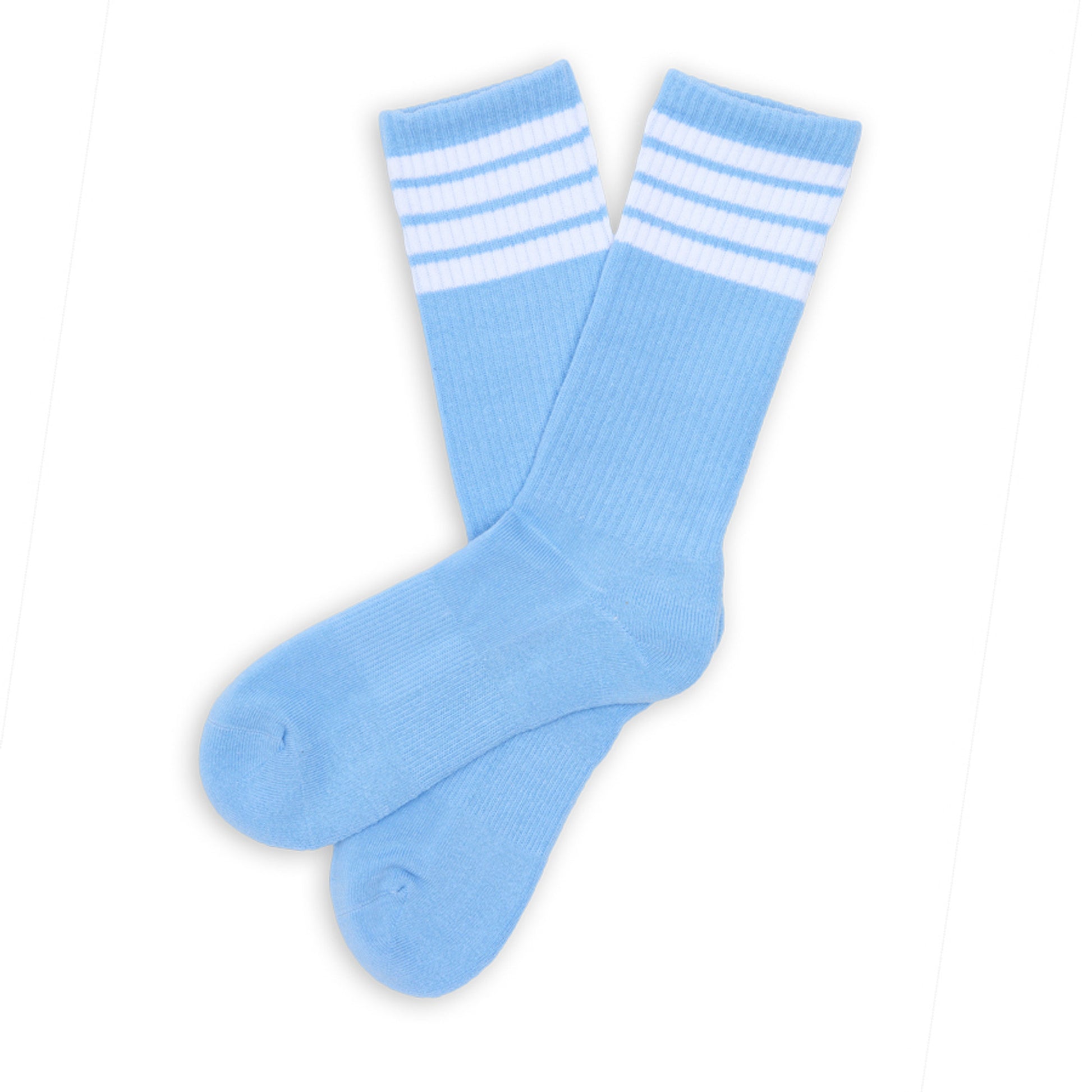 powder blue crew socks with 4 white stripes on leg