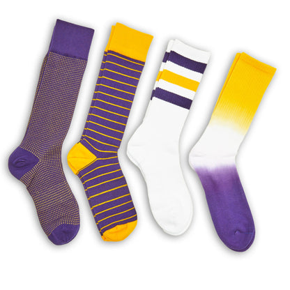 4 pairs of purple / gold casual socks side by side