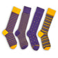 White casual socks with 3 retro stripes on the leg in purple and gold