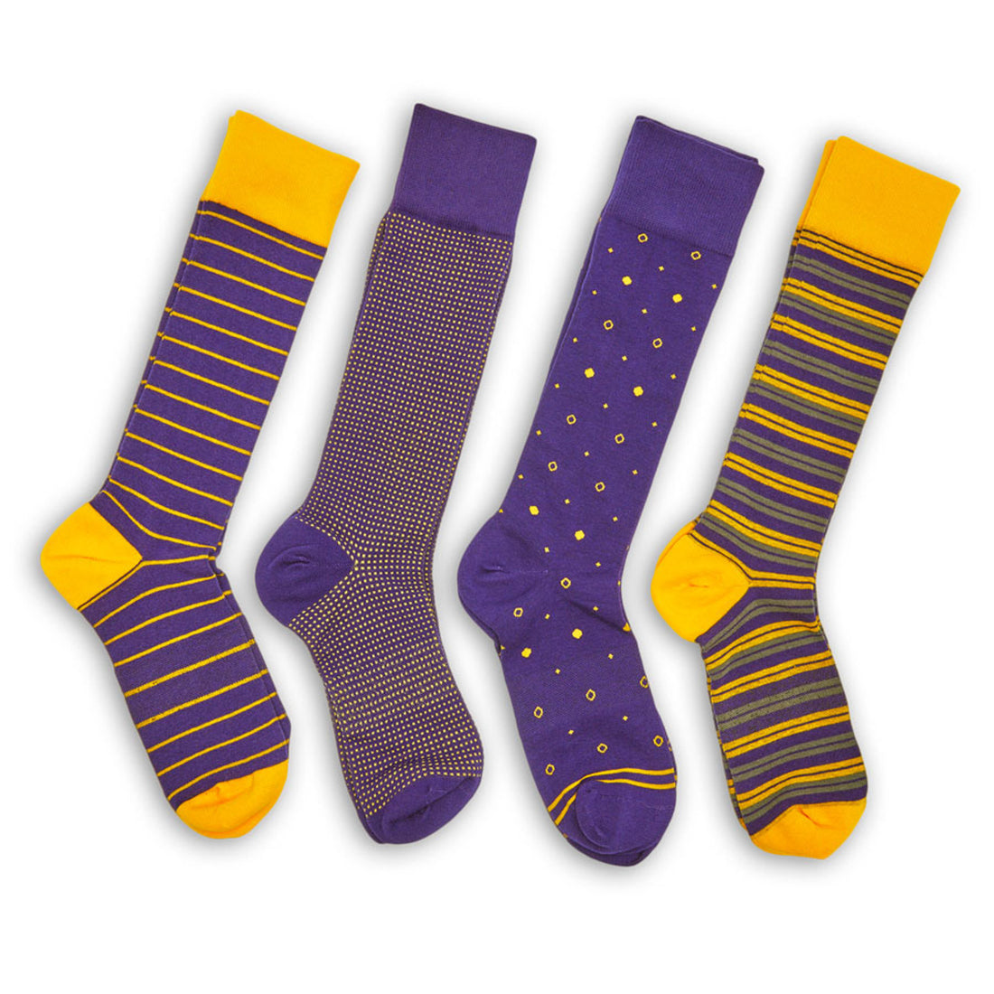 White casual socks with 3 retro stripes on the leg in purple and gold