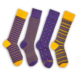 White casual socks with 3 retro stripes on the leg in purple and gold