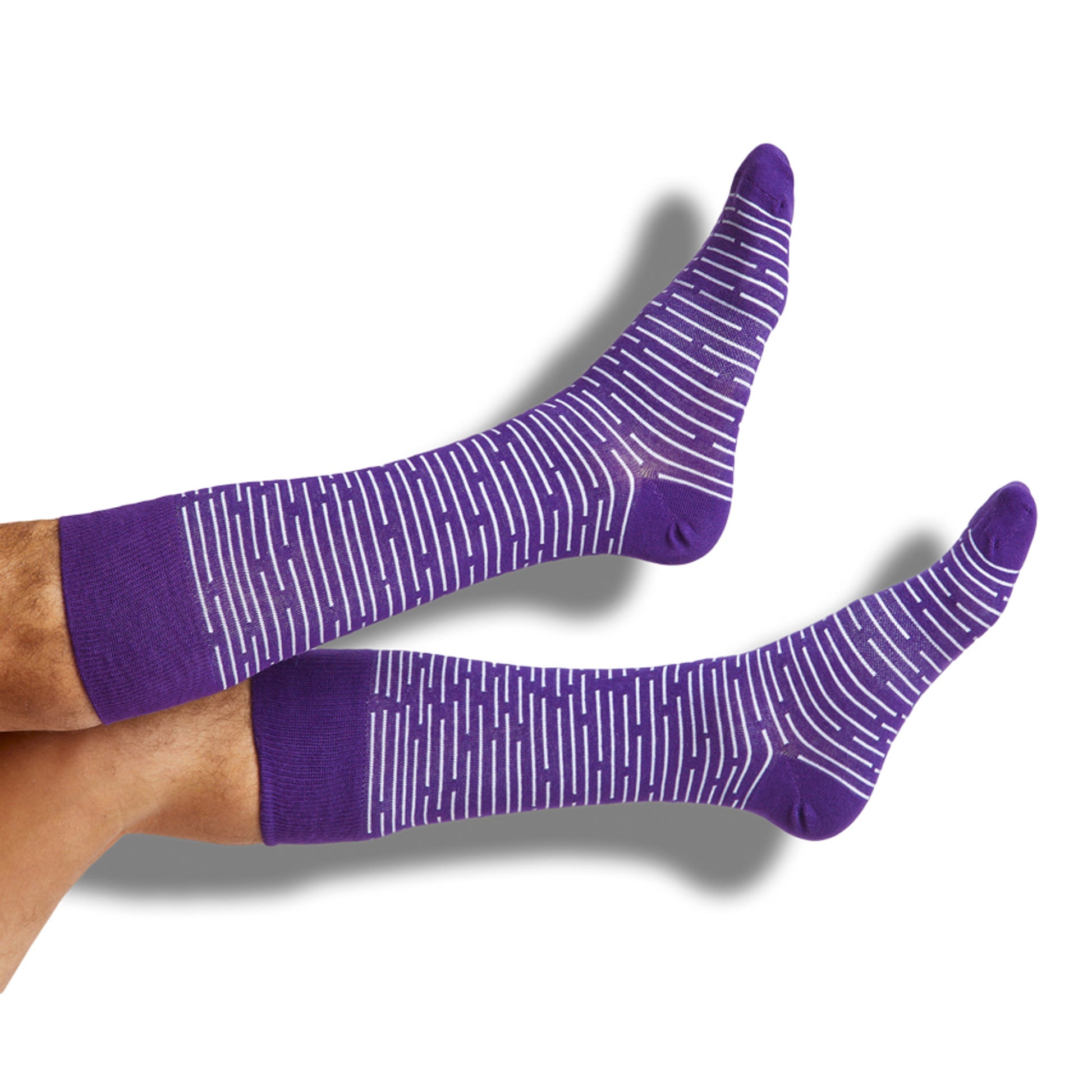 Purple dress socks with white broken stripes