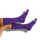 purple dress socks with gold dot and circle designs