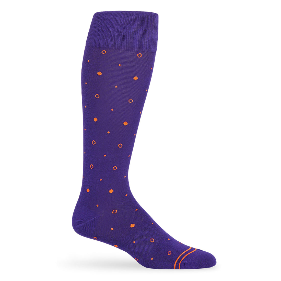 Purple dress socks with orange dots and two stripes on the toe.