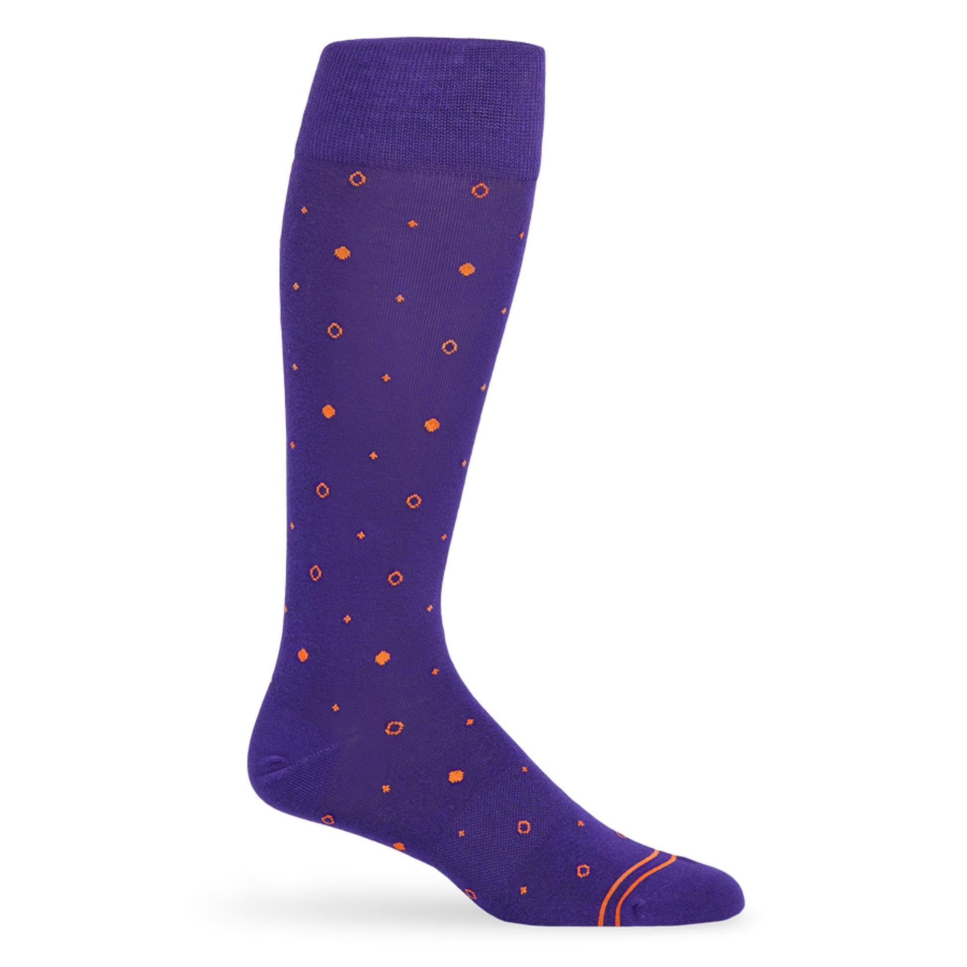 Purple dress socks with orange dots and two stripes on the toe.