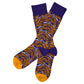tiger stripe dress socks in purple and gold laid out flat and crossed at the heel