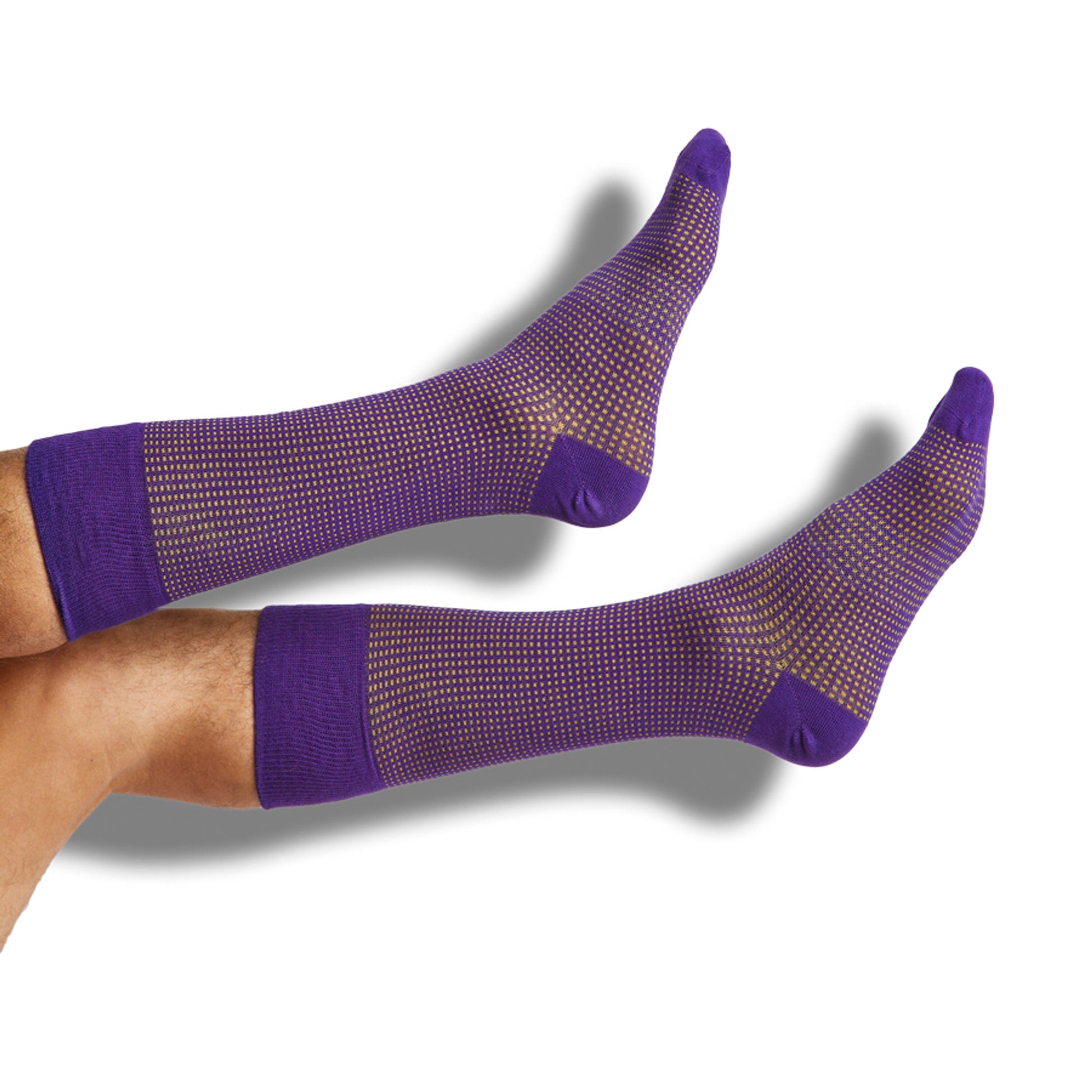 purple dress socks with gold birdseye design