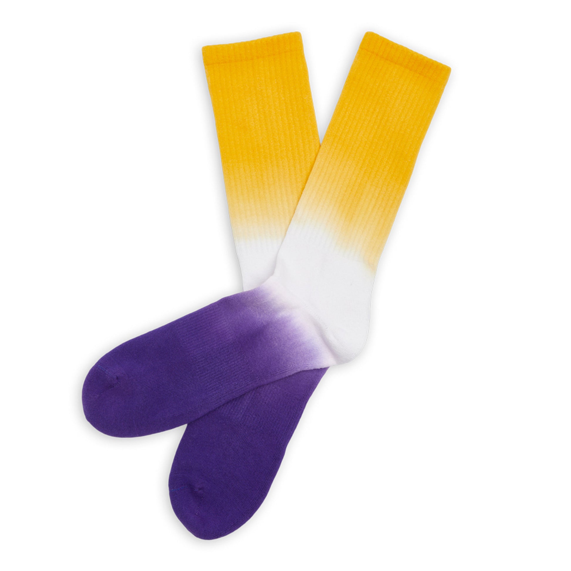 white casual socks with yellow dip on the leg and purple on the foot laid out flat