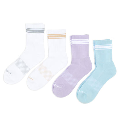 Four-pair women’s quarter crew sock bundle in assorted striped colorways displayed against a white background.