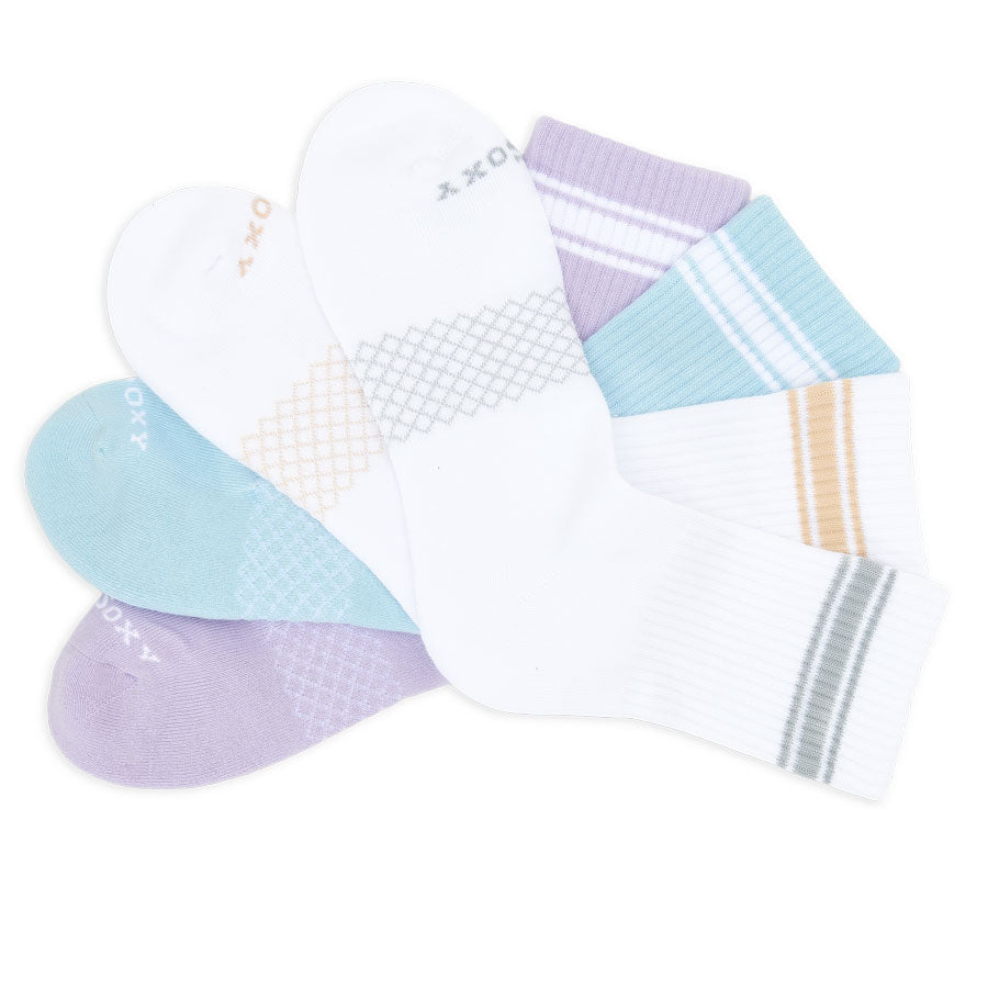 Women’s quarter crew 4-pack shown stacked and angled to highlight mixed color patterns and knit details.