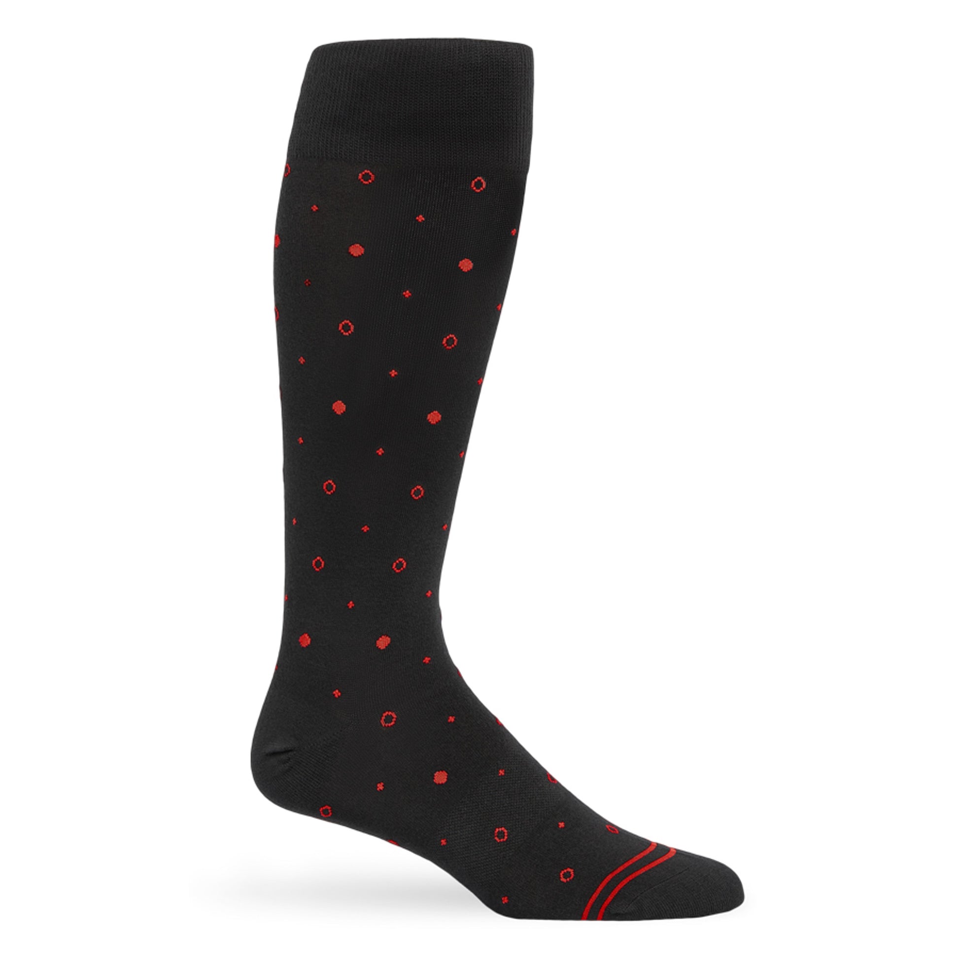 Black dress socks with red dot and circle design
